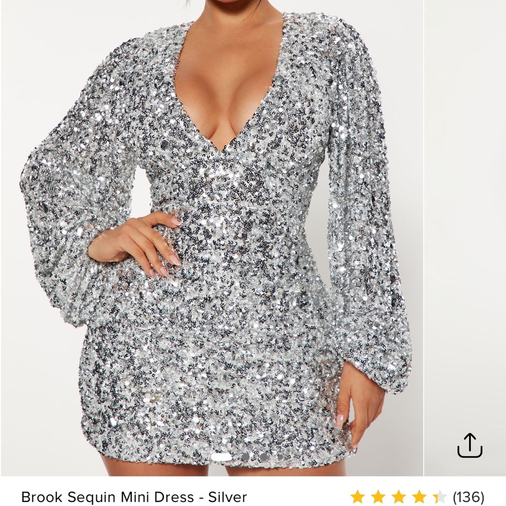 Fashion Nova Silver Bodycon Dress with Plunge Neckline and Bishop Sleeves